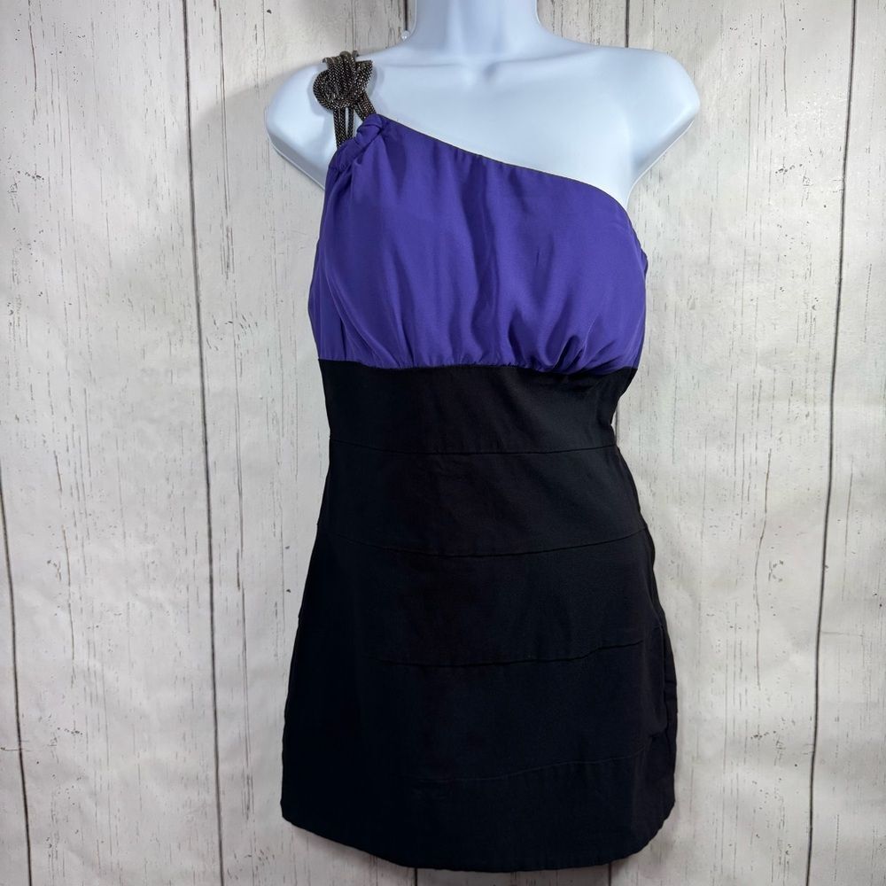 Bisou Bisou One Shoulder Dress Purple Black Beaded Strap Bodycon Size 4 Party